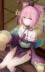 Rule 34 | absurdres, atelier (series), atelier sophie, bare shoulders, black ribbon, blue feathers, brown dress, brown eyes, brown hat, collarbone, commentary request, cone hair bun, copyright request, crescent, dress, feathers, frilled dress, frills, hair between eyes, hair bun, hat, highres, long sleeves, mini hat, obi, off-shoulder dress, off shoulder, parted lips, pink hair, ribbon, ribbon-trimmed dress, ribbon trim, ru zhai, sash, sitting, sleeves past fingers, sleeves past wrists, solo
