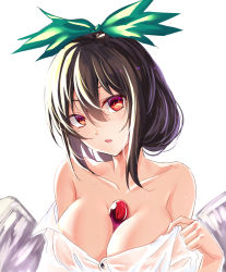 Rule 34 | 1girl, alternate hair length, alternate hairstyle, bare shoulders, between breasts, black hair, bow, breasts, cleavage, collarbone, commentary request, green bow, hair between eyes, hair bow, hand up, head tilt, highres, koissa, large breasts, looking at viewer, off shoulder, one-hour drawing challenge, parted lips, red eyes, reiuji utsuho, see-through, shirt, short hair, simple background, single sidelock, solo, touhou, upper body, wet, wet clothes, wet shirt, white background, white shirt, wings