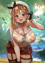 Rule 34 | 1girl, :d, atelier (series), atelier ryza, atelier ryza 2, bad id, bad pixiv id, bare arms, bare shoulders, belt, bent over, beret, black gloves, black ribbon, black thighhighs, blurry, blurry background, blush, braid, breasts, brown eyes, brown hair, buckle, cleavage, dappled sunlight, day, depth of field, earrings, falling leaves, foxyreine, glint, gloves, hat, hat ribbon, jewelry, key, large breasts, leaf, navel, nipples, no bra, open mouth, outdoors, partially fingerless gloves, pouch, red shorts, reisalin stout, ribbon, see-through, shirt, short shorts, shorts, side braid, signature, single sidelock, single thighhigh, skindentation, sleeveless, sleeveless shirt, smile, solo, sunlight, sweat, teeth, thigh strap, thighhighs, tucking hair, upper teeth only, wet, wet clothes, wet shirt, white hat, white shirt