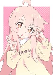 Rule 34 | 1girl, ahoge, brown eyes, clothes writing, commentary request, genderswap, genderswap (mtf), ixy, long hair, long sleeve shirt, long sleeves, looking at viewer, onii-chan wa oshimai!, open mouth, oyama mahiro, pink background, pink hair, polka dot, polka dot background, shirt, solo, sweatdrop, two-tone background, white background, yellow shirt