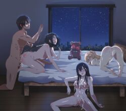 Rule 34 | 1boy, 3girls, absurdres, aftersex, aihara mei, aihara ume, aihara yuzu, artntai, barefoot, bdsm, bed, black hair, blush, building, citrus (saburouta), commission, completely nude, cum, cum in pussy, highres, long hair, multiple girls, nipple piercing, nude, on bed, original, piercing, short hair, slap mark, stuffed animal, stuffed toy, teddy bear, uncensored