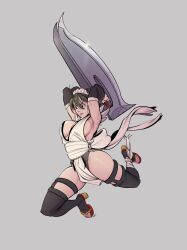 Rule 34 | 1girl, blade, breasts, dual wielding, full body, glint, green eyes, green hair, grey background, highres, holding, holding weapon, iroha (samurai spirits), large breasts, revealing clothes, rnz ferrer, samurai spirits, sandals, serious, simple background, solo, tagme, toes, weapon, zouri