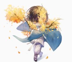 Rule 34 | 1boy, absurdres, black hair, blue coat, branch, chibi, closed mouth, coat, e.g.o (project moon), flower, folding fan, full body, hand fan, highres, holding, holding fan, huanxue, limbus company, long sleeves, looking at viewer, pants, project moon, simple background, solo, white background, white pants, white tunic, wide sleeves, yellow eyes, yellow flower, yi sang (project moon)