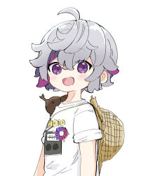 Rule 34 | 1boy, :d, animal, animal on shoulder, blush, brown hat, chibi, commentary request, fuwa minato, grey hair, hair between eyes, hat, hat on back, highres, looking at viewer, male focus, multicolored hair, nijisanji, nozo (hitomiz), open mouth, purple eyes, purple hair, shirt, short sleeves, simple background, smile, solo, stag beetle, straw hat, streaked hair, teeth, upper body, upper teeth only, virtual youtuber, white background, white shirt