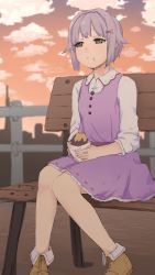 Rule 34 | 10s, 1girl, :t, ankle boots, bench, blurry, blush, boots, brown eyes, brown footwear, closed mouth, cloud, collared shirt, commentary request, depth of field, dusk, eating, evening, flying sweatdrops, food, hair ornament, hairclip, highres, holding, idolmaster, idolmaster cinderella girls, koshimizu sachiko, light purple hair, long sleeves, on bench, outdoors, railing, shirt, short hair, silver hair, sitting, sky, sleeves past elbows, sleeves pushed up, solo, sweet potato, terimayo, white shirt, wing collar, wrapper, yellow eyes