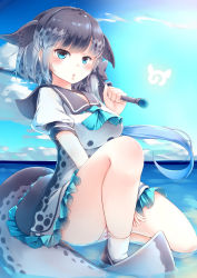 Rule 34 | 10s, 1girl, absurdres, ascot, between legs, blue eyes, blue hair, blush, bow, cetacean tail, commentary request, dress, drillhorn sword, fins, fish tail, frilled dress, frills, grey hair, hair bow, hand between legs, highres, japari symbol, kanzakietc, kemono friends, looking at viewer, multicolored hair, narwhal (kemono friends), open mouth, panties, pantyshot, polka dot, polka dot panties, puffy short sleeves, puffy sleeves, sailor collar, sailor dress, short hair with long locks, short sleeves, solo, tail, underwear
