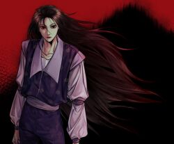 Rule 34 | 1boy, black background, black eyes, black hair, collarbone, cowboy shot, expressionless, highres, hunter x hunter, illumi zoldyck, long hair, long sleeves, looking at viewer, male focus, puffy sleeves, r2 mth, red background, solo, two-tone background