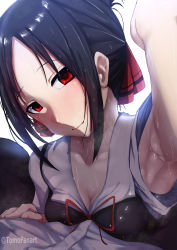 Rule 34 | 1girl, 1other, absurdres, arm up, armpits, backlighting, black hair, blush, bow, breast press, breasts, cleavage, hair bow, highres, kaguya-sama wa kokurasetai ~tensai-tachi no renai zunousen~, looking at viewer, lying on person, naughty face, parted bangs, presenting armpit, red eyes, school uniform, shinomiya kaguya, shuuchiin academy school uniform, sidelocks, small breasts, smile, sweat, tomodachi (tomofanart), wet, wet hair, white background