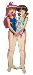 Rule 34 | 1990s (style), 2girls, barefoot, blush, brown eyes, brown hair, casual one-piece swimsuit, fugou keiji balance:unlimited, full body, green eyes, hand on another&#039;s hip, holding hands, long hair, multiple girls, natsume atsuko, nose blush, official art, one-piece swimsuit, open mouth, pink hair, retro artstyle, short hair, side-by-side, simple background, smile, standing, straight neck, swimsuit, white background