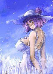 Rule 34 | 1girl, arms behind back, bare shoulders, breasts, dress, fang, from side, hair bun, hat, huge breasts, impossible clothes, impossible dress, large breasts, looking at viewer, open mouth, outdoors, purple hair, red eyes, short hair, sideboob, single hair bun, smile, solo, touhou, white dress, white hat, yasaka kanako, yohane