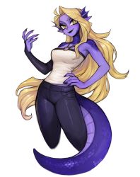 Rule 34 | 1girl, absurdres, black lips, black nails, black pants, blonde hair, closed mouth, commentary, commission, contrapposto, cowboy shot, cropped legs, english commentary, fingernails, fins, hand up, head fins, head wings, highres, lipstick, lizard tail, long hair, looking at viewer, makeup, matilda fiship, monster girl, nail polish, original, pants, pointy ears, purple nails, reptile girl, scales, simple background, smile, solo, tail, very long hair, white background, wings, yellow eyes