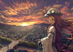 Rule 34 | 1girl, berabou, blonde hair, breasts, bush, cloud, commentary request, dress, evening, from behind, gap (touhou), hat, hat ribbon, horizon, lens flare, long hair, long sleeves, looking afar, mob cap, mountain, orange sky, people, red eyes, ribbon, scenery, silhouette, sky, solo, stream, sunset, tabard, touhou, town, utility pole, white dress, white hat, wide sleeves, wind, yakumo yukari