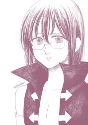 Rule 34 | 10s, 1boy, androgynous, bare shoulders, closed mouth, collarbone, detached sleeves, glasses, gowther, greyscale, hair between eyes, harumiya, high collar, looking at viewer, monochrome, nanatsu no taizai, short hair, twitter username