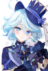 Rule 34 | 1girl, absurdres, ahoge, asymmetrical gloves, black gloves, blue eyes, blue hair, blue hat, blue jacket, brooch, furina (genshin impact), genshin impact, gloves, hair between eyes, hat, highres, jacket, jewelry, looking at viewer, mismatched gloves, rity, short hair, simple background, solo, top hat, upper body, white gloves