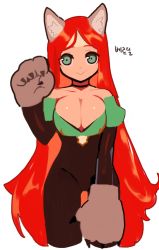 Rule 34 | 1girl, animal ears, animal hands, bare shoulders, cat ears, cat paws, clothing cutout, dress, dungeon and fighter, firstw1, green eyes, hand up, highres, long hair, looking at viewer, orange hair, simple background, smile, solo, upper body, verdil, white background