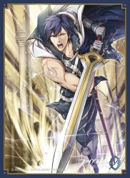 Rule 34 | 1boy, armor, artist request, belt, blue eyes, blue hair, boots, cape, chrom (fire emblem), company connection, copyright name, fire emblem, fire emblem awakening, fire emblem cipher, gloves, holding, holding weapon, indoors, knee boots, logo, male focus, nintendo, official art, open mouth, pants, sheath, short hair, shoulder armor, sleeveless, solo, sword, tattoo, weapon, white cape