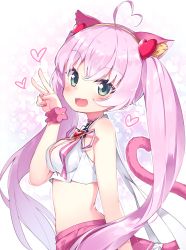 Rule 34 | 1girl, :d, ahoge, animal ear fluff, animal ears, bare shoulders, blouse, bracelet, breasts, cat ears, cat girl, cat tail, choker, commentary request, crop top, darnell, fang, from side, green eyes, hairband, hand up, heart, heart ahoge, highres, jewelry, korean commentary, long hair, looking at viewer, looking to the side, medium breasts, midriff, miniskirt, nail polish, neck ribbon, open mouth, pink hair, pink nails, pink ribbon, pink skirt, ribbon, rosia (show by rock!!), shirt, show by rock!!, skirt, sleeveless, sleeveless shirt, smile, solo, stomach, tail, tail raised, twintails, upper body, v, very long hair, white shirt