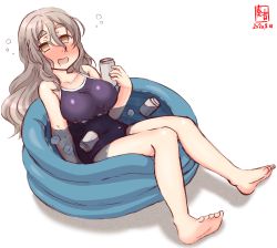 Rule 34 | 1girl, artist logo, barefoot, beer can, black one-piece swimsuit, blush, breasts, brown eyes, can, collarbone, commentary request, competition school swimsuit, dated, drink can, drunk, grey hair, highres, kanon (kurogane knights), kantai collection, large breasts, long hair, looking at viewer, nose blush, one-piece swimsuit, partially submerged, pola (kancolle), school swimsuit, simple background, solo, swimsuit, thick eyebrows, wading pool, water, wavy hair, white background