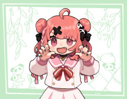 Rule 34 | 1girl, :d, ahoge, black choker, blush, bow, braid, choker, claw pose, commentary request, double bun, fang, hair bun, hair ornament, hands up, highres, long sleeves, nail art, nijisanji, open mouth, panda hair ornament, pink sailor collar, pleated skirt, puffy long sleeves, puffy sleeves, purple eyes, red bow, red hair, sailor collar, sasaki saku, sasaki saku (6th costume), school uniform, serafuku, shirt, skirt, sleeves past wrists, smile, solo, striped, striped bow, thick eyebrows, v-shaped eyebrows, virtual youtuber, white serafuku, white shirt, white skirt, x hair ornament
