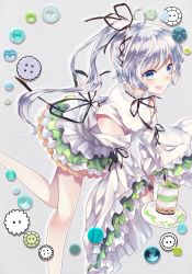 Rule 34 | 1girl, blue eyes, buttons, cake, detached sleeves, food, ginzuki ringo, hair ribbon, highres, long hair, long sleeves, mononobe no futo, open mouth, plate, ponytail, ribbon, shirt, silver hair, skirt, smile, solo, touhou, very long hair, wide sleeves