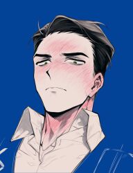 Rule 34 | 1boy, black hair, blending, blue background, blue vest, blush, closed mouth, collared shirt, full-face blush, green eyes, highres, limbus company, looking at viewer, looking down, male focus, meursault (project moon), nyak 138, project moon, shirt, simple background, solo, upper body, vest, white shirt