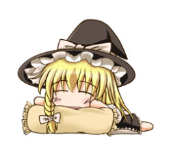 Rule 34 | 1girl, blonde hair, chibi, chibi only, female focus, full body, hat, kirisame marisa, lowres, pillow, simple background, solo, touhou, white background, witch, witch hat