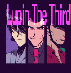 Rule 34 | 3boys, absurdres, arsene lupin iii, bacchus lpiii, bags under eyes, black hair, blue eyes, cheekbones, chest hair, chromatic aberration, closed mouth, collared shirt, copyright name, highres, ishikawa goemon xiii, jigen daisuke, long sideburns, looking at viewer, looking to the side, lupin iii, male focus, multiple boys, necktie, purple background, purple shirt, red necktie, red shirt, shirt, short hair, sideburns, simple background, smile