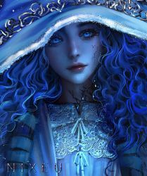 Rule 34 | 1girl, blue eyes, blue hair, blue skin, blue theme, cloak, colored skin, cracked skin, curly hair, dress, elden ring, hat, head tilt, highres, large hat, looking at viewer, nixeu, ranni the witch, witch, witch hat