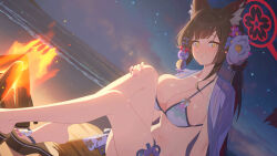 Rule 34 | 1girl, animal ear fluff, animal ears, artist request, bare legs, bead bracelet, beads, bikini, blue archive, blush, bracelet, breasts, brown hair, brown tail, campfire, cleavage, closed mouth, cloud, commentary, dutch angle, eyeliner, flower, fox ears, fox girl, fox tail, from below, game cg, hair ornament, halo, halterneck, highres, jewelry, kanzashi, large breasts, legs, long hair, looking afar, mountainous horizon, multicolored hair, night, night sky, non-web source, official alternate costume, official art, outdoors, red eyeliner, red hair, sandals, sidelocks, sitting, sky, smile, solo, star (sky), starry sky, streaked hair, swimsuit, symbol-only commentary, tail, tail flower, tail ornament, thigh strap, thighs, two-tone hair, wakamo (blue archive), wakamo (swimsuit) (blue archive), water