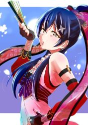 Rule 34 | 10s, 1girl, alternate hairstyle, arm strap, blue hair, commentary request, fingerless gloves, folding fan, gloves, hair between eyes, hair ornament, hair ribbon, hand fan, hand on own hip, holding, long hair, looking at viewer, love live!, love live! school idol festival, love live! school idol project, ninja, parted lips, ponytail, ribbon, shuriken, solo, sonoda umi, standing, striped, upper body, urutsu sahari, weapon, yellow eyes