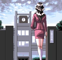 Rule 34 | 1990s (style), 1girl, 4bpp, akiko gold, aliasing, building, clock, cloud, feet out of frame, formal, from behind, game cg, long hair, outdoors, pc98, retro artstyle, school, school gate, school gateway, skirt, skirt suit, sky, socks, solo, suit, teacher, translation request, tree, walking, yagami akiko, yamamoto masafumi