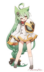 Rule 34 | 1girl, :d, absurdly long hair, absurdres, ahoge, akashi (azur lane), animal ears, azur lane, bell, black bow, black sailor collar, bow, bowtie, bright pupils, buttons, cat ears, double-breasted, dress, full body, green hair, grey footwear, hair bow, hand up, highres, jingle bell, long hair, long sleeves, looking at viewer, low-tied long hair, mountain han, one eye closed, open mouth, orange eyes, red bow, red bowtie, sailor collar, sailor dress, shoes, signature, simple background, sleeves past fingers, sleeves past wrists, smile, socks, solo, very long hair, white background, white dress, white pupils, white socks, wide sleeves