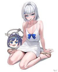 Rule 34 | 1boy, absurdres, bare shoulders, blue eyes, blue hair, blush stickers, boros (ouro kronii), bow, chain, dress, fang, feet, grey hair, hair bow, hair intakes, hairband, highres, hololive, hololive english, jitome, medium hair, ouro kronii, personification, sandals, skin fang, smug, toes, trap, virtual youtuber, white dress, yan.c