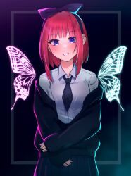 Rule 34 | 1girl, :d, alternate costume, black background, black bow, black necktie, black skirt, black sweater, blue eyes, blunt bangs, blush, bow, butterfly wings, cardigan, casual, commentary, dress shirt, eyelashes, glowing, glowing wings, go-toubun no hanayome, grin, hair bow, highres, insect wings, kakato 0, looking at viewer, medium hair, miniskirt, nakano nino, necktie, neon lights, open cardigan, open clothes, open mouth, pleated skirt, red hair, shirt, short necktie, sidelighting, sidelocks, skirt, sleeves past wrists, smile, solo, straight-on, straight hair, sweater, tsurime, white shirt, wings