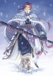 Rule 34 | 1boy, bara, closed eyes, commentary request, holding, holding weapon, long hair, looking at viewer, ma sa to, male focus, ponytail, smile, snow, snowing, solo, tonbokiri, tonbokiri (touken ranbu), touken ranbu, walking, weapon