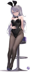 Rule 34 | 1girl, animal ears, artist logo, black footwear, black leotard, bow, bowtie, breasts, chair, covered navel, detached collar, earrings, fake animal ears, grey hair, high heels, highleg, highleg leotard, highres, jewelry, leotard, looking at viewer, original, pantyhose, playboy bunny, purple eyes, rabbit ears, rabbit tail, rokuwata tomoe, side-tie leotard, side ponytail, simple background, sitting, small breasts, solo, strapless, strapless leotard, tail, traditional bowtie, wrist cuffs