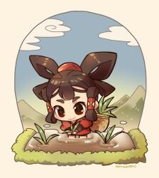 Rule 34 | 1girl, basket, blue sky, border, brown eyes, brown hair, chibi, commentary, commission, english commentary, grass, holding, japanese clothes, kotorai, looking down, mountain, no nose, quad tails, rice paddy, sakuna-hime, signature, skeb commission, sky, smile, solo, tensui no sakuna-hime, wading, white border