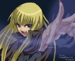 Rule 34 | &gt;:d, 00s, 1girl, :d, armpits, blonde hair, blue eyes, blunt bangs, brown theme, character name, evangeline a.k. mcdowell, fang, fangs, fingernails, gradient background, long fingernails, long hair, looking at viewer, mahou sensei negima!, minarai zouhyou, nail polish, open mouth, outstretched arm, red nails, sharp fingernails, smile, solo, teeth, tsurime, upper body, v-shaped eyebrows, vampire, very long hair