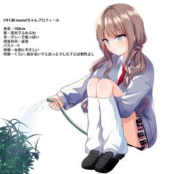 Rule 34 | 1girl, bad id, bad pixiv id, black footwear, black skirt, blue sweater, blush, brown hair, closed mouth, collarbone, commentary request, fingernails, full body, grass, grey eyes, hair between eyes, holding, holding hose, hose, hugging own legs, kneehighs, loafers, long hair, long sleeves, looking away, loose socks, mamel 27, necktie, original, plaid, plaid skirt, pleated skirt, red necktie, shindan maker, shirt, shoes, simple background, sitting, skirt, sleeves past wrists, socks, solo, sweater, translation request, very long hair, water, white background, white shirt, white socks