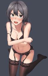 Rule 34 | 10s, 1girl, bad id, bad perspective, bad pixiv id, black bra, black hair, black panties, black thighhighs, blush, bra, breasts, cleavage, collarbone, embarrassed, garter belt, garter straps, grey background, hair ornament, hairclip, kantai collection, kneeling, lace, lace-trimmed legwear, lace trim, lingerie, long hair, looking at viewer, medium breasts, navel, nose blush, off shoulder, open mouth, oyashio (kancolle), panties, sanhon, simple background, sitting, solo, strap slip, tears, thighhighs, underwear, underwear only, wariza