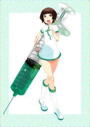 Rule 34 | 1girl, boots, brown hair, large syringe, nurse, oversized object, rakuraku, short hair, solo, syringe