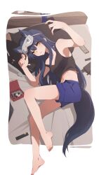 Rule 34 | 1girl, absurdres, alternate costume, animal ear fluff, animal ears, arknights, bare legs, barefoot, bed sheet, black hair, black shirt, blue shorts, box, box of chocolates, breasts, cellphone, cleavage, extra ears, highres, holding, holding phone, if f, long hair, looking at viewer, medium breasts, on bed, parted lips, phone, pillow, shirt, shorts, smartphone, solo, strap slip, tail, tank top, texas (arknights), very long hair, wolf ears, wolf girl, wolf tail, yellow eyes