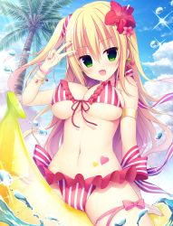 Rule 34 | 1girl, :d, absurdres, armlet, banana boat, bare shoulders, bikini, blonde hair, blue sky, blush, bracelet, breasts, cherry earrings, cleavage, cloud, day, earrings, floating hair, flower, food-themed earrings, food themed earrings, frilled bikini, frills, front-tie bikini top, front-tie top, green eyes, hair between eyes, hair flower, hair ornament, hair scrunchie, halterneck, hand up, hasune, heart, heart tattoo, hibiscus, highres, jewelry, large breasts, leg ribbon, light rays, long hair, looking at viewer, nail polish, navel, official art, one side up, open mouth, outdoors, palm tree, pink flower, pink nails, pink ribbon, raspberry cube, red bikini, red flower, ribbon, scrunchie, sidelocks, skindentation, sky, smile, solo, sparkle, stomach, striped bikini, striped clothes, sunbeam, sunlight, swimsuit, tattoo, thighs, tree, v, water, yuzuki yuu