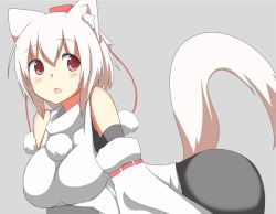 Rule 34 | 1girl, animal ears, blush, breasts, detached sleeves, female focus, grey background, hat, highres, inubashiri momiji, large breasts, looking at viewer, mii, mii (makosuke), open mouth, pink eyes, shirt, short hair, silver hair, simple background, skirt, solo, tail, tokin hat, touhou, wide sleeves, wolf ears, wolf tail
