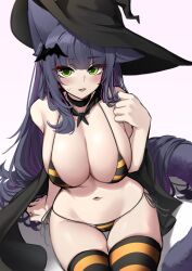 Rule 34 | 1girl, absurdres, animal ears, arknights, bare shoulders, bat hair ornament, bikini, black cape, black choker, black hair, black hat, blush, breasts, cape, cat ears, choker, cleavage, green eyes, hair ornament, halloween, hat, highres, jessica (arknights), k0ng, large breasts, long hair, looking at viewer, micro bikini, multicolored hair, navel, open mouth, purple hair, side-tie bikini bottom, simple background, sitting, skindentation, smile, solo, string bikini, striped bikini, striped clothes, striped thighhighs, swimsuit, thighhighs, white background, witch hat