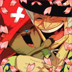 Rule 34 | 2boys, amu (omoro3bot), doctor, dr. hiluluk, drum island, father and son, flower, hat, hug, lowres, male focus, multiple boys, one piece, reindeer, smile, tony tony chopper, top hat, x (symbol)