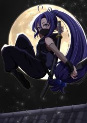 Rule 34 | 1girl, absurdres, ahoge, black mask, breasts, commentary, commission, fishnets, full body, full moon, high ponytail, highres, katana, kunai, light particles, long hair, looking at viewer, low-tied long hair, mask, moon, mouth mask, night, night sky, ninja, ninja mask, original, pixiv commission, ponytail, pukonuu, purple eyes, purple hair, rooftop, sheath, sidelocks, sky, small breasts, solo, sword, very long hair, weapon