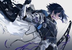 Rule 34 | 1boy, :|, arm armor, armor, arrow (projectile), black cape, black gloves, black hair, bow (weapon), breastplate, cape, closed mouth, cowboy shot, drawing arrow, earrings, floating cape, from side, gloves, grey background, hair between eyes, highres, holding, holding bow (weapon), holding weapon, jewelry, kushiro kuki, looking ahead, male focus, original, pauldrons, purple eyes, quiver, rerebrace, serious, short hair, shoulder armor, sidelocks, simple background, solo, tassel, tassel earrings, weapon