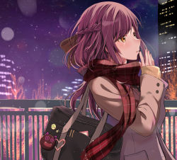 Rule 34 | 1girl, bag, bag charm, bow, braid, breath, brown bow, brown eyes, brown hair, brown jacket, brown sweater, building, cac itinose, charm (object), cityscape, commentary request, enpera, french braid, fringe trim, from side, hair bow, hands up, heart, highres, idolmaster, idolmaster shiny colors, jacket, long hair, long sleeves, looking away, night, osaki amana, outdoors, parted lips, plaid, plaid scarf, railing, red scarf, scarf, school bag, skyscraper, sleeves past wrists, solo, sweater, upper body