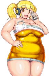 Rule 34 | 1girl, beer can, blonde hair, blush, breasts, can, cleavage, commentary request, cowboy shot, dress, drink can, headphones, highres, holding, holding can, large breasts, looking at viewer, nitroplus, open mouth, orizen, plump, simple background, smile, solo, strapless, strapless dress, super pochaco, tareme, thick arms, thick thighs, thighs, tube dress, twintails, white background, yellow dress, yellow eyes